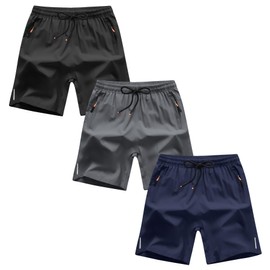 ANHDM Boys Athletic Shorts Quick Dry Sport Shorts Lightweight Running Shorts with Zipper Pockets (Pack of 3), Z/Black&Grey&Navy, 7-8T