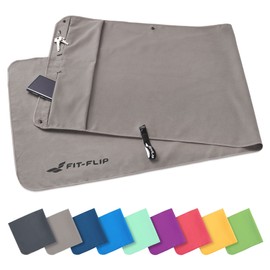 Fit-Flip Fitness Handtuch - mit Magnet und Reißverschluss Tasche - Gym Handtuch aus Mikrofaser für Sport und Fitness - Kompakt & Schnelltrocknend - Sporthandtuch Fitnessstudio - Grau - 130x48cm