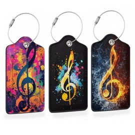 Retro Neon Treble Clef Pop Art PU Leather Luggage Tags for Suitcase, Travel Cruise 3 Pack with Privacy Flap, Name ID Label and Metal Loop for Women Men Girls Baggage Bag Backpack