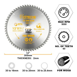 Hoteche 12-Inch Circular Saw Blade for Wood 60-Tooth Tungsten Carbide-Tipped Blade High-Performance Professioal Saw Blade for Miter Saw and Table Saws with 1-inch, 13/16-inch, 5/8-inch Arbor
