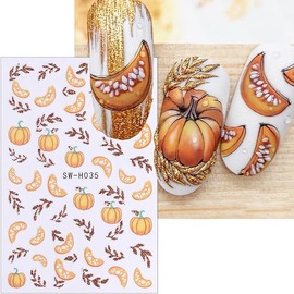 6 Sheets Fall Nail Stickers for Nail Art Thanksgiving Day Pumpkin Nail Art Stickers Autumn Pine Cones Maple Leaf Nail Decals 3D Self-Adhesive Flower Pumpkins Nail Decoration for Women Nails Designs