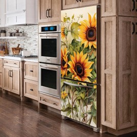 Neukids Vintage Sunflower Flower Field A Fridge Sticker, Peel and Stick Vinyl Yellow Flower Fridge Door, Sticker Kitchen Door, Fridge Film Bedroom Home Ornament