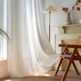 Sutuo Home White Boho Curtains for Bedroom Living Room, Semi Blackout Chic Farmhouse Country Tassels Window Treatment Bohemian Embroidery Drape for Christmas Decor, Rod Pocket 1 Panel 52" W x 90" L