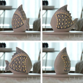 SEINHIJO Decor Fish Statue Modern Sculpture Ocean Figurine Animal Gifts Table Centerpiece Ceramic Arts Crafts LED Light 14cm