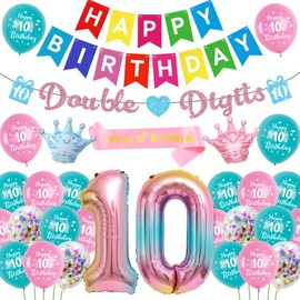 Rainbow 10th Birthday Decorations for Girls - Colourful Happy Birthday Double Digits Banner Garland, Crown Number 10 Foil Balloons and Sash for 10 Years Old Children Party Supplies