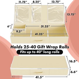 Simple Houseware Wrapping Paper Organizer - Under Bed Storage for 25-40 Rolls Gift Wrapping Paper, Gift Bags, Ribbons, 41.5''L x 16''W, Beige