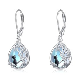 POPLYKE Moonstone Earrings for Women Sterling Silver Black Cat Earrings Tree of Life Jewelry Gift for Girls (moonstone-black cat)