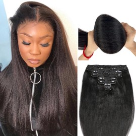 LDGUGO Yaki Straight Clip in Hair Extensions Real Human Hair 8Pcs 120g Kinky Straight Clip Ins Full Head Brazilian Remy Hair Extensions for Women Natural Black Double Weft 18 Inch