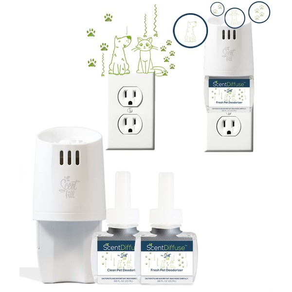 ScentDiffuse Pet Odor Deodorizing Air Freshener Starter Kit with 1 Fresh Pet Deodorizer,1 Clean Pet Deodorizer & 1 Diffuser