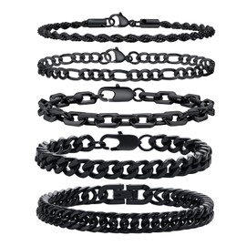 Men's Bracelet Silver Stainless Steel 5 Pieces – Men's Bracelets Curb Chain Figaro Link Bracelet Men's Bracelet Set for Boys Men Gift for Dad Son Brother Husband 19/21/23 cm, Stainless Steel, No