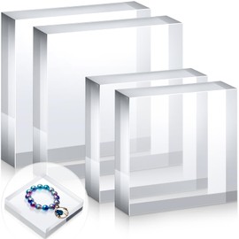 Vicenpal 4 Pieces Acrylic Square Display Block 3 x 3 x 1 Inches, 4 x 4 x 1 Inches Clear Polished Acrylic Cube Acrylic Jewelry Display Stand Ring Showcase Display Holder Base
