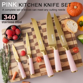 Kitchen Knife Set with Block and Sharpener, 7-Piece Knife Set for Chef, Pink Knife Holder Set, Gold-Plated Stainless Steel Kitchen Knife, Ergonomically Designed (Pink)