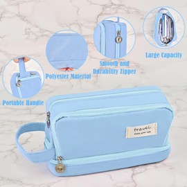 BAYTORY Large Capacity Pencil Case, Aesthetic Pencil Pouch for Girls Boys with 3 Compartments Pen Bag Stationery Organizer Office Makeup Bag for Adult Women Men (Blue)