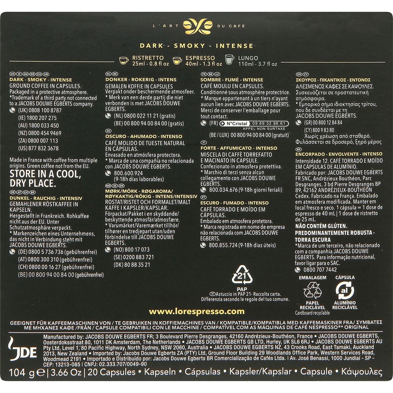 L'OR Espresso Onyx Coffee Pods x 20 Intensity 12 (Pack