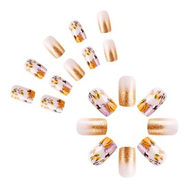 24Pcs Fall Press on Nails Medium Coffin Nails Gold Glitter Pumpkin Leaf Fake Nails with Glue Glossy Acrylic Nails Supply Thanksgiving Day Full Cover False Nails for Women and Girls DIY Manicure Tips