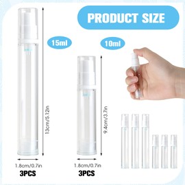 Airless Pump Dispenser, Travel Container for Liquids, 10 ml and 15 ml, Refillable Dispenser Pump Bottle, Leak-Proof Mini Pump Bottles, Plastic Bottles for Filling Cream, Lotion, Pack of 6