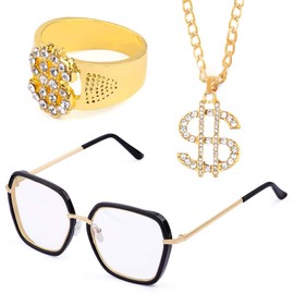 Beelittle 80s 90s Hip Hop Rapper Gangster Costume Kit - Retro Glasses Gold Chain Necklace Gold Plated Hip Hop Ring Accessories Kit (B)