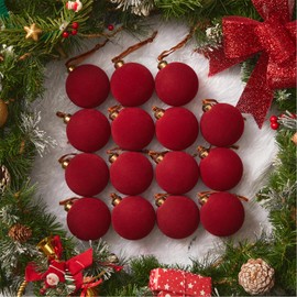Brightown 15 Pcs Red Velvet Christmas Balls, 3.15 Inch Velvet Ornaments for Christmas Tree, Christma Tree Flocked Ornaments Balls for Family Holiday Wedding Party Xmas Hanging Decoration
