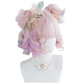 Harajuku Style GAL Wig, Lolita, Cosp Wig, Heat Resistant, Women's (Pink), Mesh, Long, Curly Hair, Bun Hair, Goth Loli, Mori Girl, Cute Princess, Small Face, Party, Costume, Everyday Wig (Short Wig + 2 Dumplings)