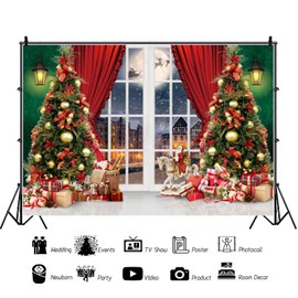 ASDCXZ Christmas Backdrop 2.2x1.5m, Window Snow Scene Red Curtain Christmas Tree Gift Box Photo Backdrop, Vinyl Family Celebration Party Ornaments Photography Backdrop Banner