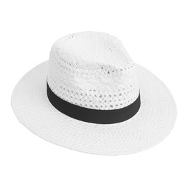 Summer Straw Sun Hat, Wide Brim Fedora Panama Beach Hats for Men and Women(White,L)