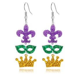 WCRAZYE Mardi Gras Dangle Earrings for Women Acrylic Carnival Theme Mask Lips Hat Lobster Modelling Earrings for Holiday Mardi Gras Gifts (Mask Crown)