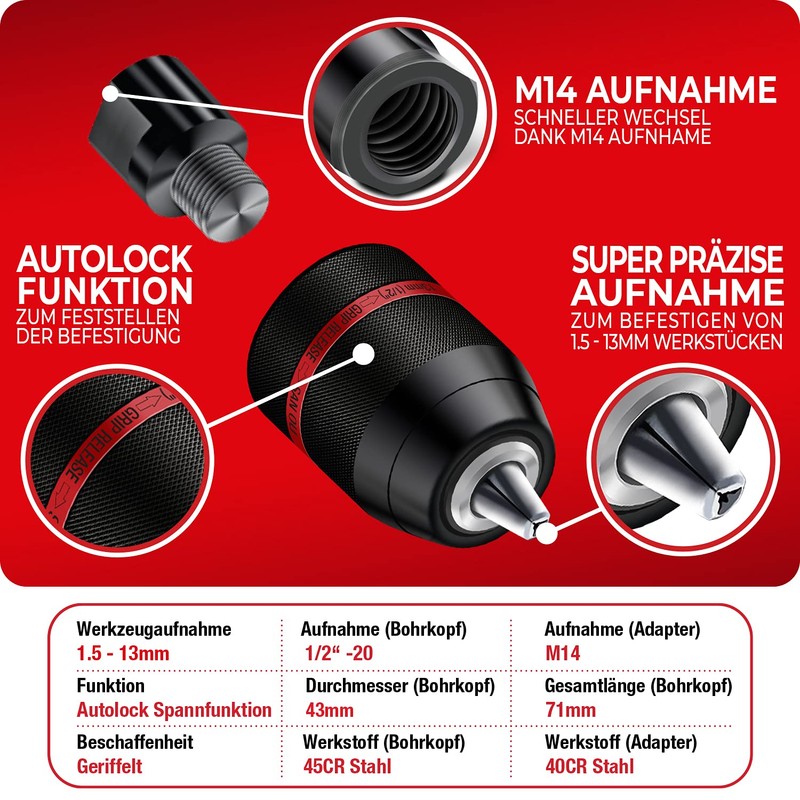 SCHWABENBACH ® 1.5-13 mm Keyless Chuck 1/2-20UNF with M14 Adapter
