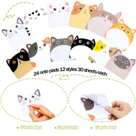 Cute Cat Sticky Notes, 24 Pads 720 Sheets Kawaii Cartoon Sticky Notes, Cat Shape Self-Stick Memo Pads, Fun Sticky Notepads, Animal Page Markers Flags