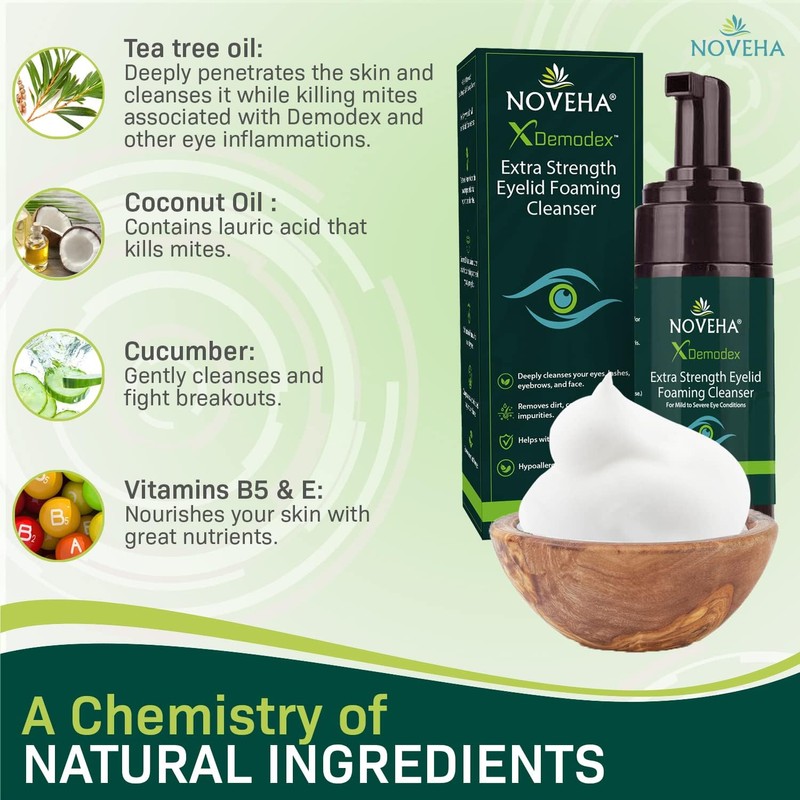 NOVEHA Demodex Extra Strength Foaming Cleanser, With Tea Tree Oil