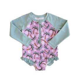 Caden Lane Long Sleeve Rash Guard with Front Zipper, UPF 50+ Sun Protection, Quick-Dry, Chlorine-Resistant & Stretchy Fabric, One Piece Zip Up Swimwear, Palm Party, 5-6 Years