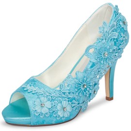 Emily Bridal 521-31-4 - Zapatos de boda para mujer, punta abierta, tacón de aguja de 3.94 pulgadas, tacón de aguja de encaje con diamantes de imitación, perlas y lentejuelas, zapatos de novia, cian-azul, 9.5 US