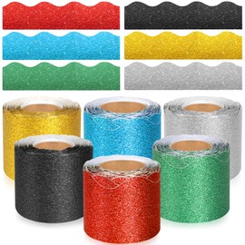 6 Rolls Glitter Bulletin Board Borders, 196.8 ft Colorful Borders for Bulletin Board Glitter Scalloped Border Trim Spring Back to School Bulletin Board Classroom Office Wall Decorations