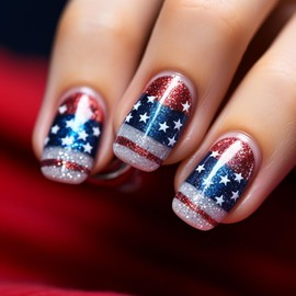 24Pcs 4th of July Press on Nails Short Square Fake Nails with Glitter Designs American Flag Stick on Nails Holiday False Nails Star Patriotic Acrylic Nails Independence Day Glue on Nails for Women