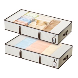 Yecaye 54L Under Bed Storage Containers, 2 Pack Foldable Under Bed Storage Bins, Closet Organizers and Storage with Clear Window & PU Leather Handle, Underbed Storage Bags for Clothes, Blankets，Beige