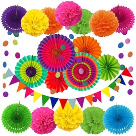 Rainbow Party Decoration,Colorful Hanging Paper Fans, Pom Poms Flowers, Garlands String Polka Dot and Triangle Bunting Flags for Wedding Birthday Graduation Christmas Party Decorations 20 Pcs