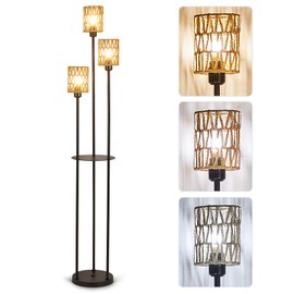 RHYEVNB Floor Lamp, 3-Lights Rattan Floor Lamp with Shelves, Farmhouse Floor Lamp with ON/Off Foot Switch, Rustic Standing Lamp with Rattan Shades, Tall Floor Lamps for Living Room Bedroom Office