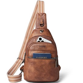 LATMAP 7L Sling Bag For Women Men Crossbody Shoulder Tote Blet Bags Backpack Fanny Pack Travel Purse Faux Leather Women's Leather sling bag - Color: Beige W/ Brown Trim