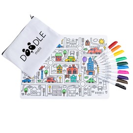 Doodle Mats Reusable Town and Vehicle Colouring Mat for Kids | City Play Mat with 10 Washable Pens & Carry Case | Mess Free Travel Toy with Police Car, Fire Truck, Bus & Helicopter | Eco Friendly A3
