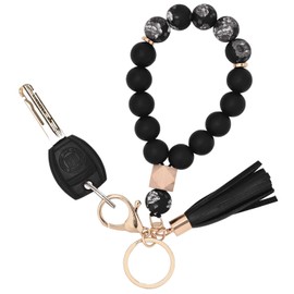 BAOSIWA Silicone Beaded Bracelet Keychain Black Flower Wristlet Key Ring Bangle Chains for Women Girls with Leather Tassel