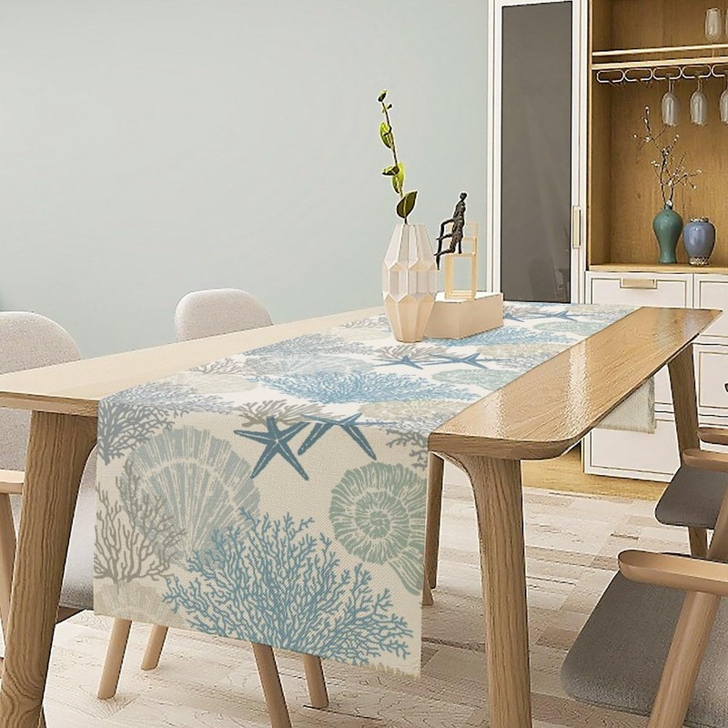 Blue Teal Coral Table Runners, Summer Beach Starfish Coastal Coffee