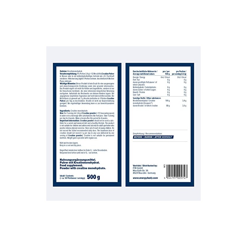 Energybody Creatine 500 g / 100% Creapure Creatine Powder without