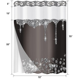 No Hook Glitter Diamond Shower Curtain with Snap in Liner, Black Silver Shiny Drips Bath Curtain with Double Layers Waterproof Fabric and Mesh Top Window, Hotel Style Bling Curtain See Through Top