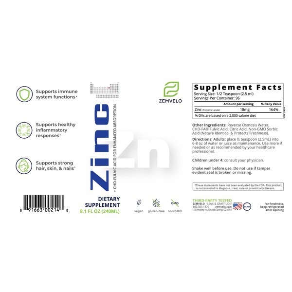 Liquid Ionic Zinc | 96 Day Supply | Encourage Clear Skin | Sustained Energy | Natural Inflammatory Support