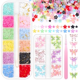 Cynailli 2 Boxes 3D Flower Nail Charms, Color Butterfly Nail Art Charm Tiny Flower for Nails, Spring Flowers Butterfly Caviar Beads Charms for Acrylic Nail Art DIY Supplies with Pickup Tool