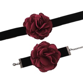 Asphire Vintage Black Suede Choker with Large Flower Elegant Floral Collar Necklace and Bracelet Set 2pcs Prom Party Romantic Rose Accessories for Women (Red)