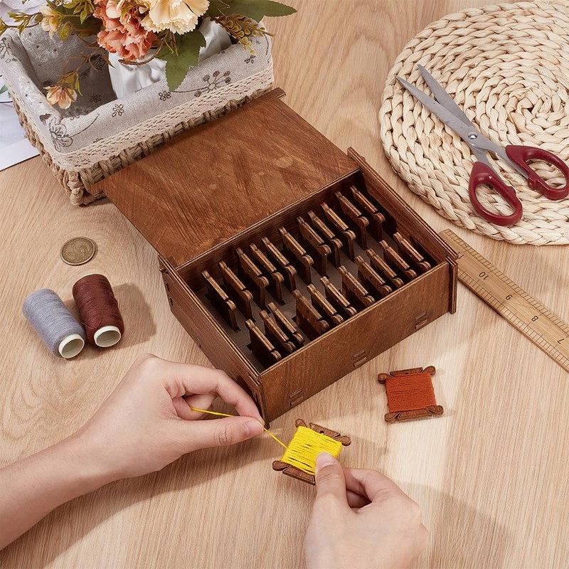BENECREAT Wooden Bobbins Sewing Threads Kit, Embroidery Floss Organizer Box