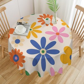 Mid Century Floral Round Tablecloth, 70s Modern Natural Botanical Pattern, Waterproof Wrinkle Resistant Table Cover Kitchen Dining Room, 36 Inch