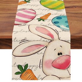 Seliem Happy Easter Bunny Table Runner, Cute Rabbit Eggs Carrot White Kitchen Dining Table Decor, Spring Farmhouse Burlap Home Decoration Indoor Outdoor Party Supply 13 x 36 Inches