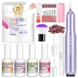 SAVILAND Plus Dip Powder Nail Kit Strong Nail Care: Nail Dip Powder Kit 60 g Clear Dip Powder with Nail Drill Dip Base & Top Activator Enrich Castor Oil VE VB for French Nail Art Manicure DIY Home