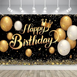 Happy Birthday Banner, KEUGT Happy Birthday Party Decoration, Black Gold Birthday Party Banner, 180 x 115 cm Large Poster Background for Men Girls Birthday Party Decoration
